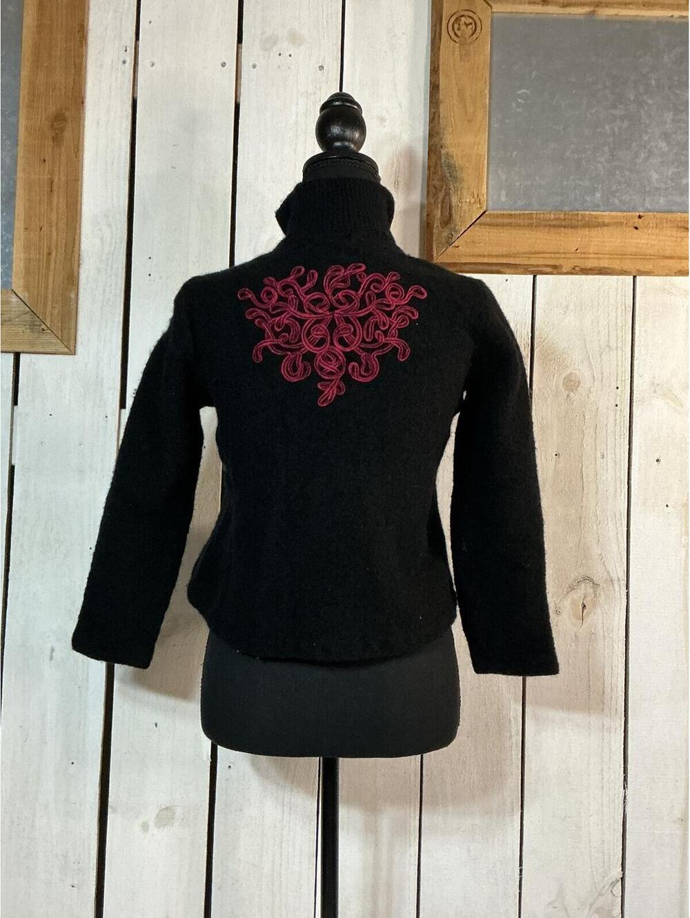 Coldwater Creek Black Cardigan Sweater with Red Embroidery XL - Picture 2 of 6